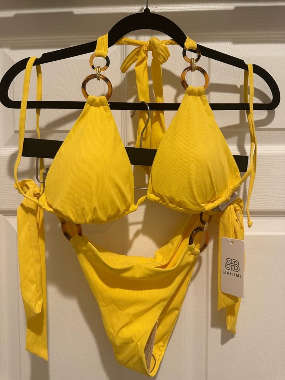 BAHIMI Yellow Ring-Accent Triangle Bikini Set